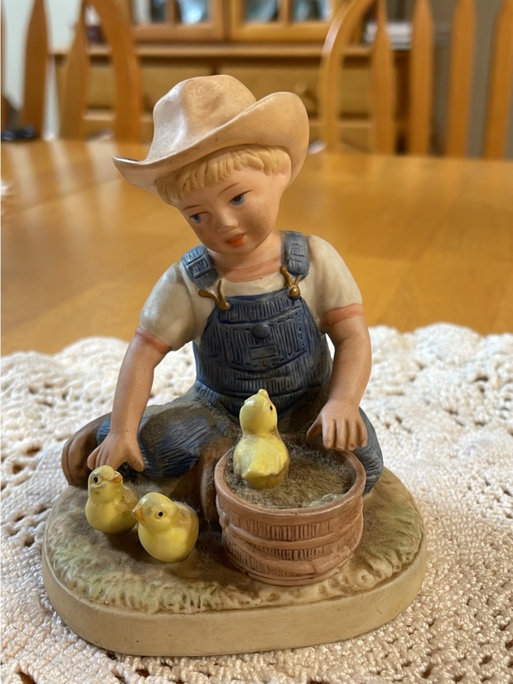 Homco Boy in Blue Overalls Figurine with Yellow Chicks